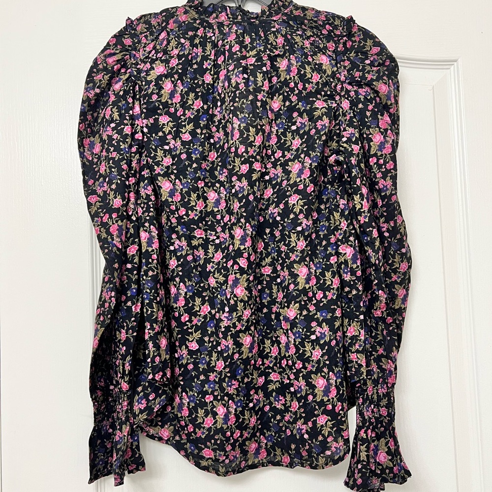 Free People Top NWT Long Sleeve Boho Floral Tie Neck Shirring Button Front GORG! - Picture 12 of 13